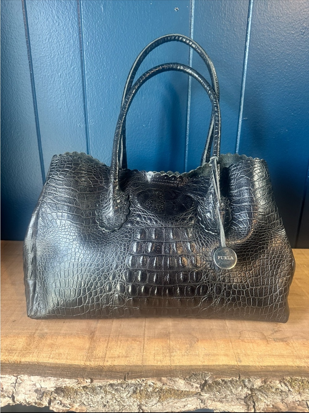 Furla Italy Black Croc Embossed Leather Tote Bag Large Shoulder Purse w Dust Bag